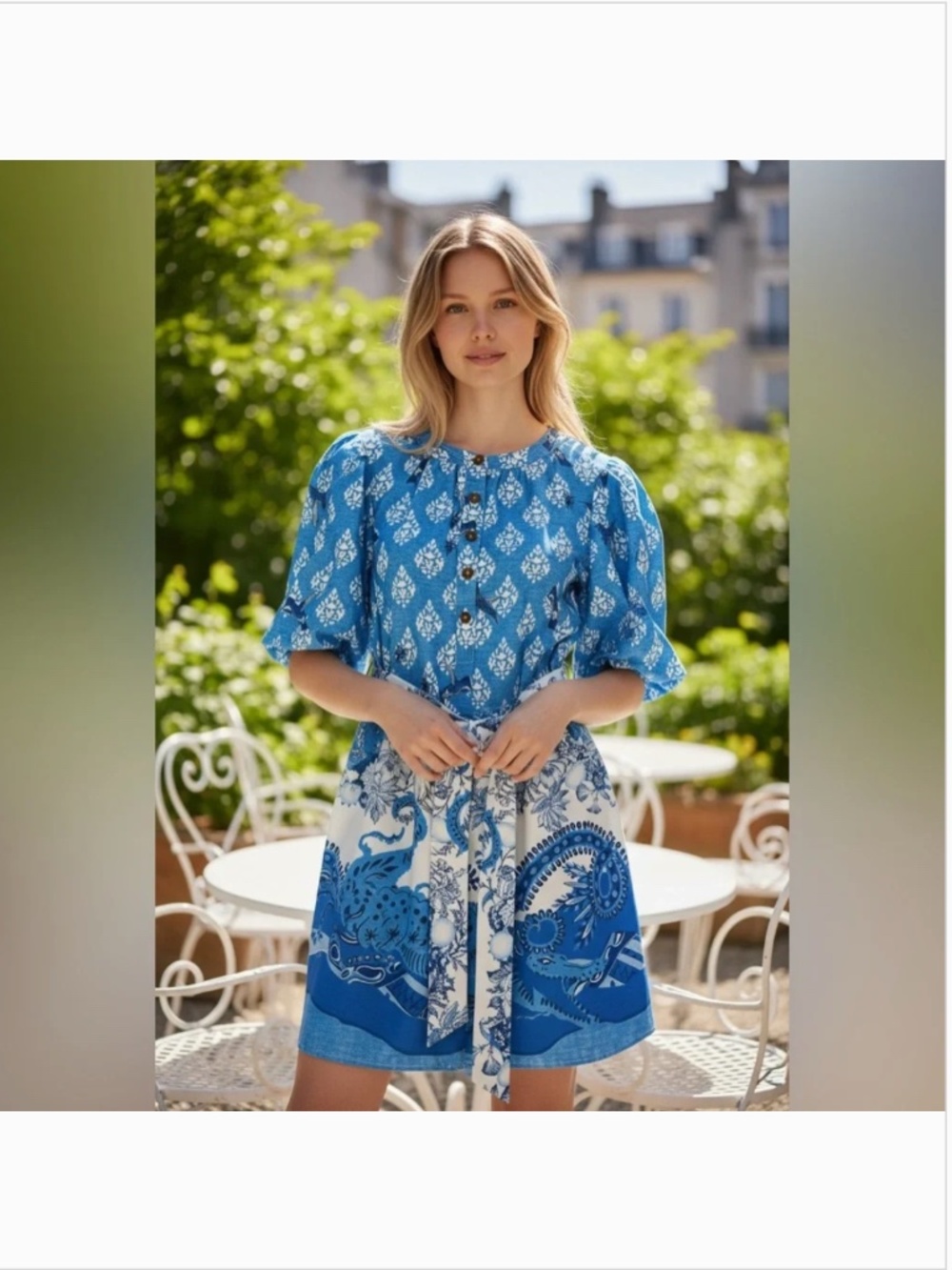 A Loves A Blue Puff Sleeve Hummingbird Alligator Whimsical Mini Dress New M